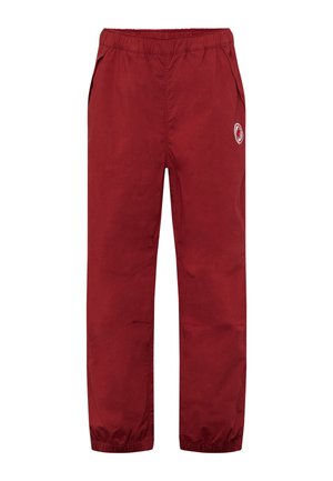 Rote, leichte Hose mit elastischem Bund und Bündchen, Seitentaschen und kleinem rundem Logo am rechten Oberschenkel.