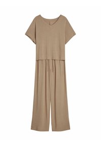 Beige two-piece jumpsuit featuring a V-neck, short sleeves, and a drawstring waist; made from a lightweight, smooth fabric with a relaxed fit.