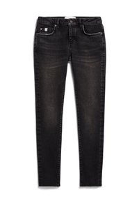 Jean skinny en denim noir avec un design classique à cinq poches, arborant un léger effet de décoloration et des coutures contrastantes. Tissu durable et extensible.