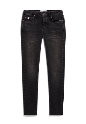 Black denim skinny jeans with a classic five-pocket design, featuring subtle whiskering and contrast stitching. Durable, stretchy fabric.