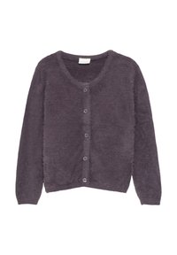 Flauschige dunkelpurpurne Strickjacke mit rundem Ausschnitt, langen Ärmeln und sechs Knopfverschlüssen auf der Vorderseite. Weiche Textur über die gesamte Jacke.
