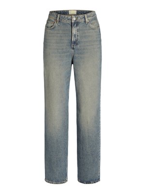 Light blue denim jeans with a straight-leg design, high rise, five-pocket style, and subtle fading. Features metal button and zipper closure.