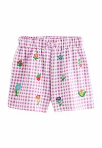 Paarse gingham shorts met een elastische tailleband. Voorzien van kleurrijke bloemenborduursels over het geheel, gemaakt van lichtgewicht, ademend materiaal.