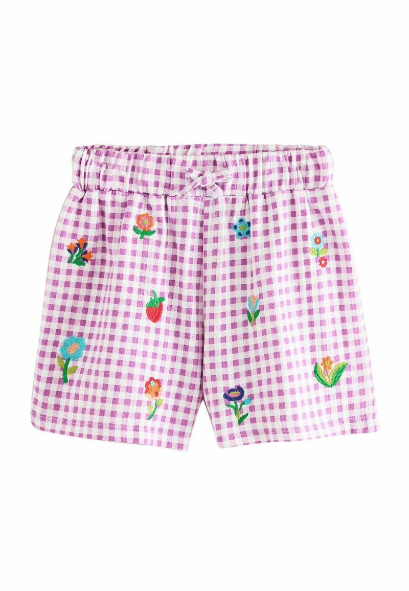 Paarse gingham shorts met een elastische tailleband. Voorzien van kleurrijke bloemenborduursels over het geheel, gemaakt van lichtgewicht, ademend materiaal.