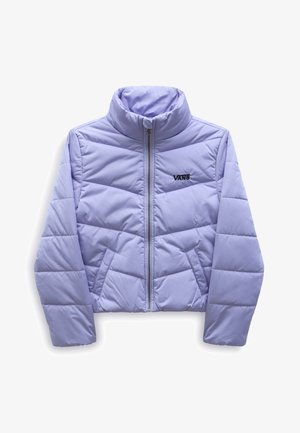 Giacca a vento viola chiaro con colletto alto, zip frontale e logo nero. Caratterizzata da pannelli trapuntati e un design accorciato.