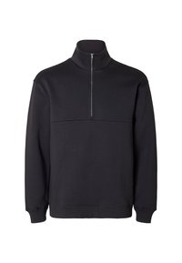 Svart sweatshirt i texturerad tyg. Har hög krage, halv dragkedja fram och ribbade ärmslut. Enkel design utan mönster.