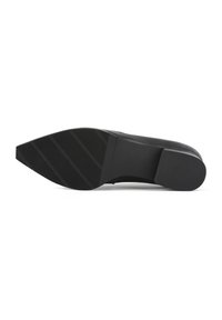 Black footwear with a pointed toe and a textured sole. Made of smooth material, featuring a low block heel and vertical stripe patterns on the sole.