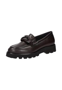 Brauner Lederloafer mit einer dekorativen Schleife und einer dicken schwarzen Gummisohle mit einem gezackten Muster, entworfen für Komfort und Langlebigkeit.