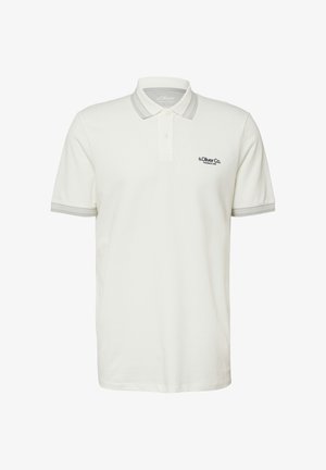 Balti trumpomis rankovėmis polo marškinėliai su pilkšvu apvadu ant apykaklės ir rankogalių, kairėje krūtinės pusėje - "s.Oliver Co." logotipas.