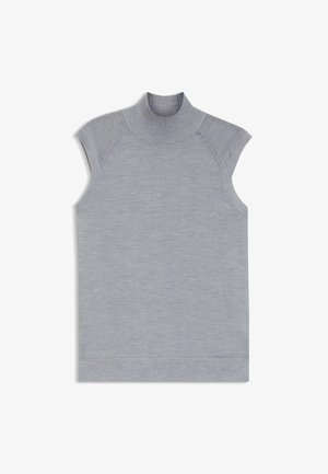 Top senza maniche grigio chiaro con collo alto, realizzato in morbido tessuto a maglia, caratterizzato da cuciture delle spalle senza soluzione di continuità e orlo piatto.