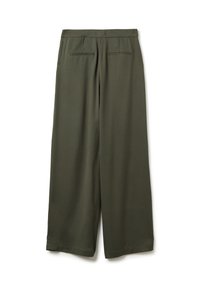 Pantalons larges en vert olive avec poches passepoilées à l'arrière et taille cintrée, présentés de dos sur un fond blanc.