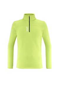 Hellgrüner Langarm-Pullover mit hohem Kragen. Verfügt über einen Viertelreißverschluss vorne und ein weißes Logo auf der Brust. Glattes, dehnbare Material.