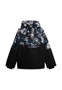 Veste noire et multicolore avec capuche, présentant des motifs abstraits dans des teintes de bleu, orange et gris, avec des poches zippées.