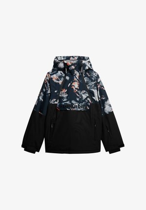 Veste noire et multicolore avec capuche, présentant des motifs abstraits dans des teintes de bleu, orange et gris, avec des poches zippées.