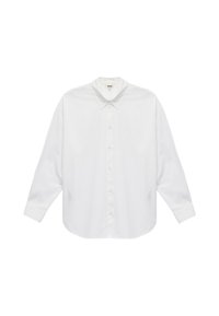 Valkoinen puuvillainen pitkähiha shirt, jossa on klassinen kaulus, napitettava etuosa ja pyöristetty helma. Sileä rakenne, ei kuvioita tai korostuksia.