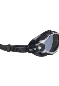 Zwarte zwembril met heldere lenzen, silicone banden en een slank ontwerp met een zilveren accent. Verstelbare pasvorm voor comfort.