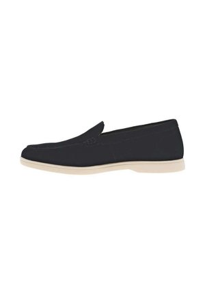Sort slip-on loafer med glat overdel og hvid gummisål, vist i sideprofil på hvid baggrund.