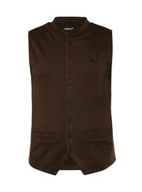 Brun ärmlös väst med hög krage, knäppning framtill, två fickor fram och en diskret broderad logotyp på vänster bröst.