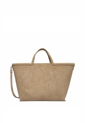 Beżowa torba typu tote z zamszu z dwoma krótkimi uchwytami, odpinanym paskiem na ramię i złotym logo "Gino Rossi" na środku przodu.