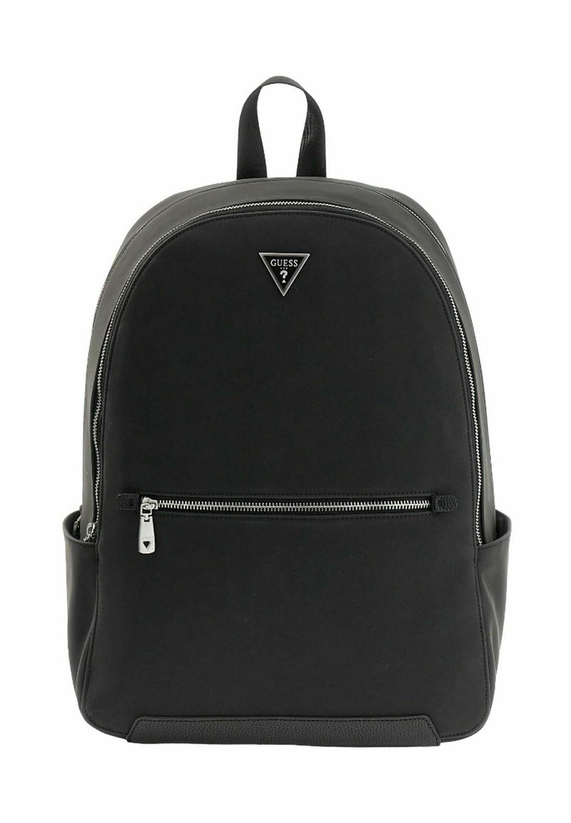 Black backpack with a rounded design, made of synthetic material. Features a prominent logo and front zip pocket. Smooth texture.