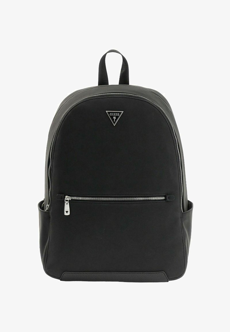 Black backpack with a rounded design, made of synthetic material. Features a prominent logo and front zip pocket. Smooth texture.