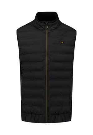 Zwarte gewatteerde mouwloze vest met een rits aan de voorkant, hoge kraag, twee ritszakken aan de zijkant en een klein hexagonaal logo op de borst.