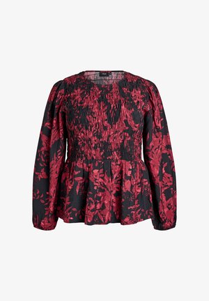 Long-sleeve black blouse with red floral pattern, gathered bodice, and peplum hem.
