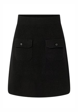 Black A-line skirt with high waist, two front flap pockets secured by buttons, made of textured fabric.