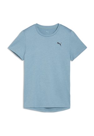 Lichtblauw T-shirt van zacht materiaal, met een ronde hals, korte mouwen en een klein zwart Puma-logo op de linkerborst.