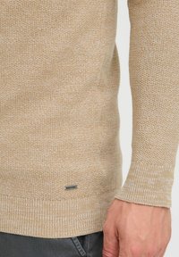 Beżowy sweter dzianinowy z teksturowanym wzorem, prążkowanymi mankietami i dołem. Posiada małą metkę z logo w dolnym lewym rogu.