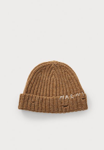 Brown knitted beanie hat with a ribbed texture, folded brim, and white embroidered text. Material appears soft and flexible.