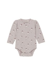 Långärmad babymössa i ljus lavendel med en mjuk textur. Har ett blommigt mönster med rosetter samt tryckknappar i botten.