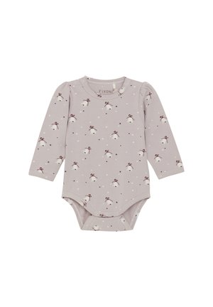 Langärmliger Baby-Body in hellem Lavendel mit weichem Textil. Mit einem Blumen- und Schleifenmuster, Druckknöpfen am Boden.