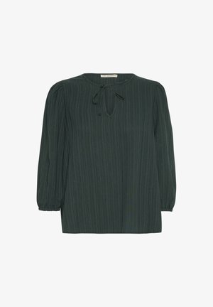 Temnozelen bluzon z teksturiranim črtastim vzorcem, okroglim ovratnikom, detajlom v obliki ključavnice ter spuštenimi rokavi do tri četrtine z elastičnimi manšetami.