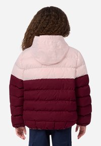 Užpildyta striukė su spalvų blokų dizainu: švelniai rožinės, šviesiai rožinės ir vyno raudonos spalvų sekcijos. Pasižymi gobtuvu ir raukšlėmis ant rankogalių, glotnaus audinio tekstūra.