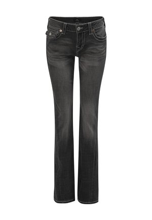 Schwarze Denim-Jeans mit geradem Bein, kontrastierenden Nähten, Fronttaschen und Knopfverschluss. Glatte Textur und verblasstes Finish.