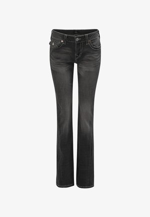 Schwarze Denim-Jeans mit geradem Bein, kontrastierenden Nähten, Fronttaschen und Knopfverschluss. Glatte Textur und verblasstes Finish.