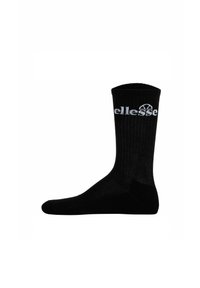 Calzino nero della crew realizzato in un tessuto elastico. Presenta una texture a costine e un logo bianco sulla parte superiore. Finitura liscia, design classico.