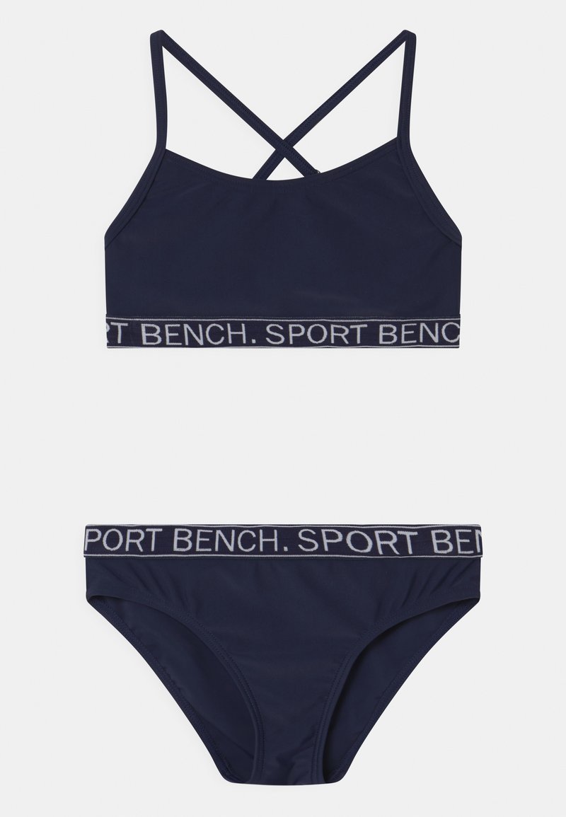Navy two-piece bikini with a cross-back top and matching high-waisted bottoms. Features "SPORT BENCH" printed on the elastic bands.
