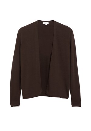 Donkerbruine open voorzijde cardigan met lange mouwen zonder knopen of ritsen, weergegeven op een witte achtergrond.