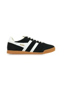 Sneaker in suede nero con strisce bianche, design con lacci e suola in gomma color sabbia. Presenta il marchio Gola in oro sul lato.