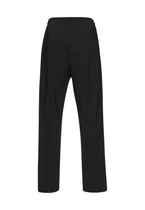 Black, loose-fitting pants with an elastic waistband. Made of soft fabric, they feature a straight leg design and no visible patterns.