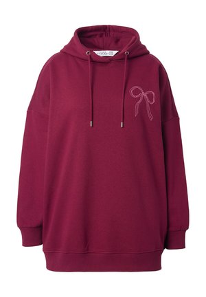 Burgundy hoodie with a loose fit, featuring a drawstring hood and pink bow embroidery on the front. Made of soft, textured fabric.