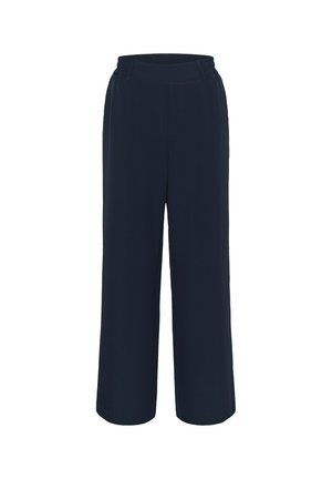 Navyblauwe wijde broek van zacht materiaal met een elastische tailleband en twee zijzakken, met een gladde, kreukbestendige textuur.