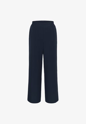 Navy blue wide-leg pants made of soft fabric with an elastic waistband and two side pockets, featuring a smooth, wrinkle-resistant texture.