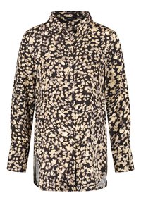 Camicia a maniche lunghe con bottoni in tessuto nero con un motivo floreale crema e rosa pallido. Presenta un colletto a punta e una vestibilità ampia.