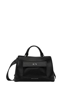 Borsa a mano in pelle nera con una forma strutturata, dotata di una tasca frontale e dettagli con logo, doppi manici e una tracolla regolabile.