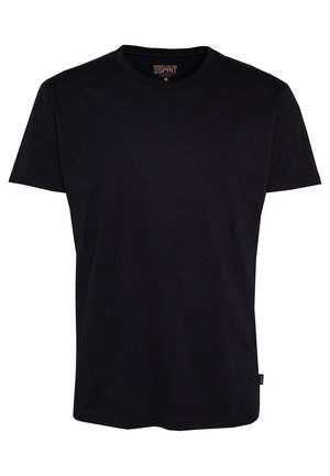 T-shirt nera semplice in cotone a maniche corte con collo a giro, taglia media, etichetta del marchio Esprit all'interno del colletto.