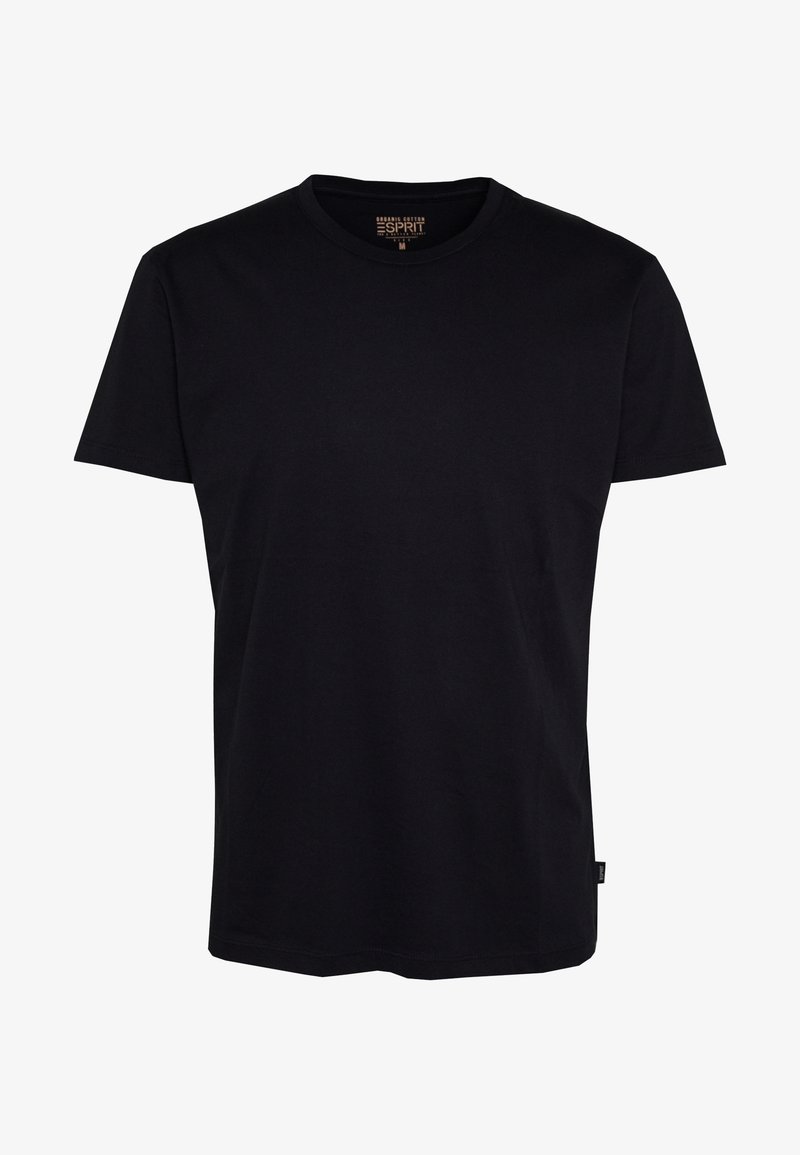 T-shirt noir uni en coton à manches courtes avec col rond, taille moyenne, étiquette de marque Esprit à l'intérieur du col.