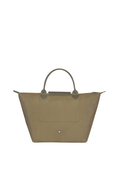Olive green, fabric tote bag with dual handles. Features a textured leather accents, zip closure, and front pocket. Smooth finish.
